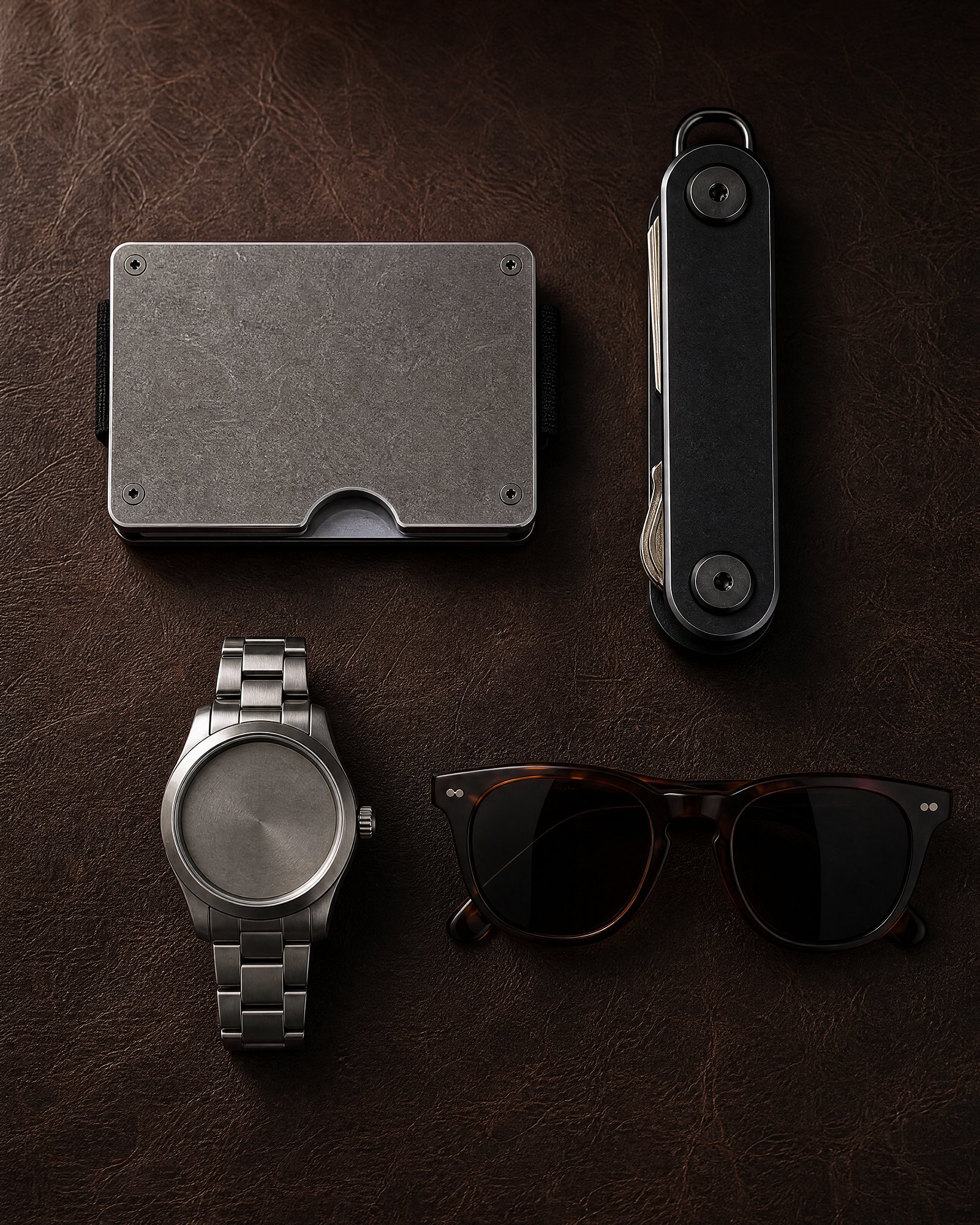 An ANODE wallet next to keys in a key organizer and a money clip on a dark desk