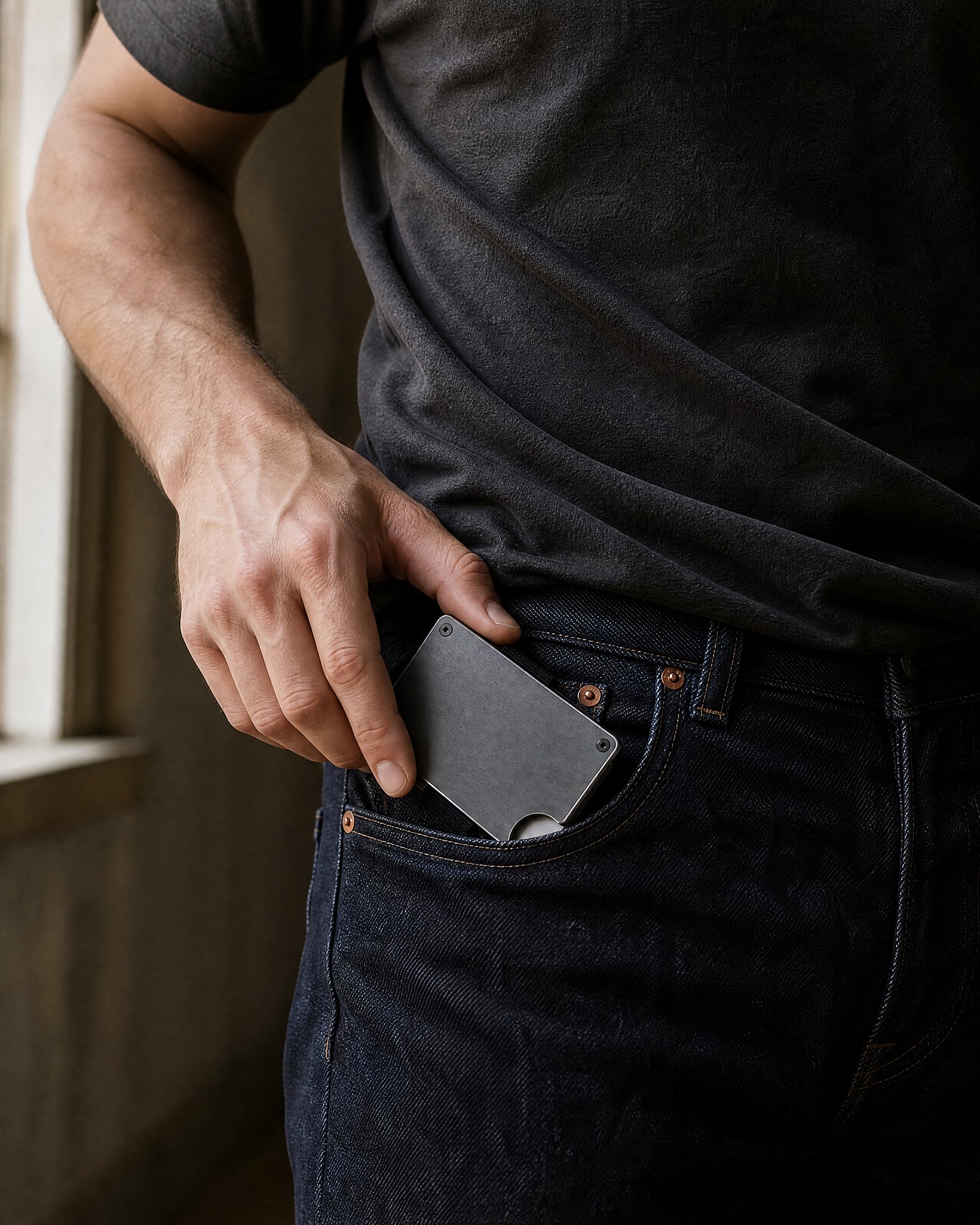 An ANODE wallet sliding out of the front pocket of a pair of jeans