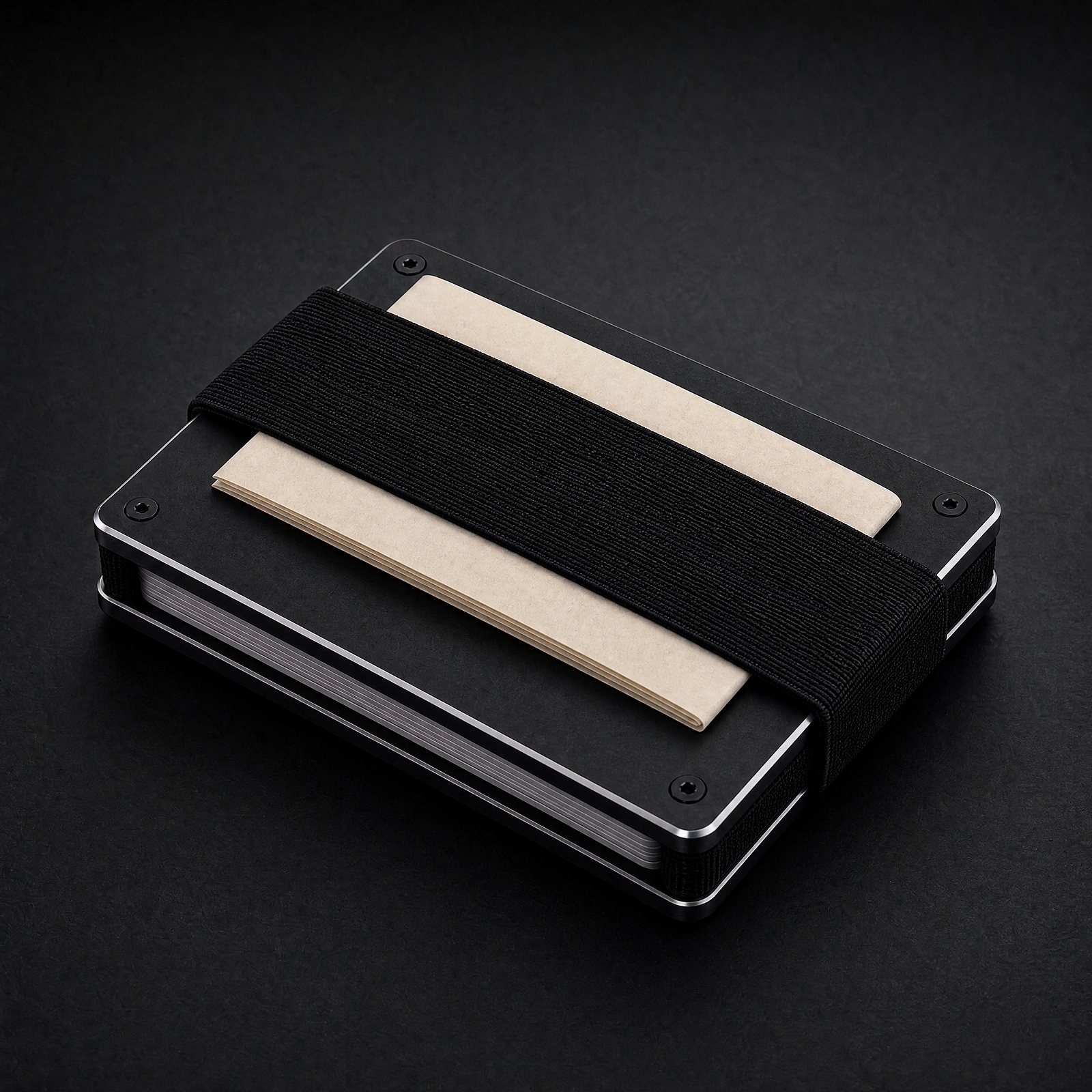 The cash strap on the back of the matte black ANODE wallet