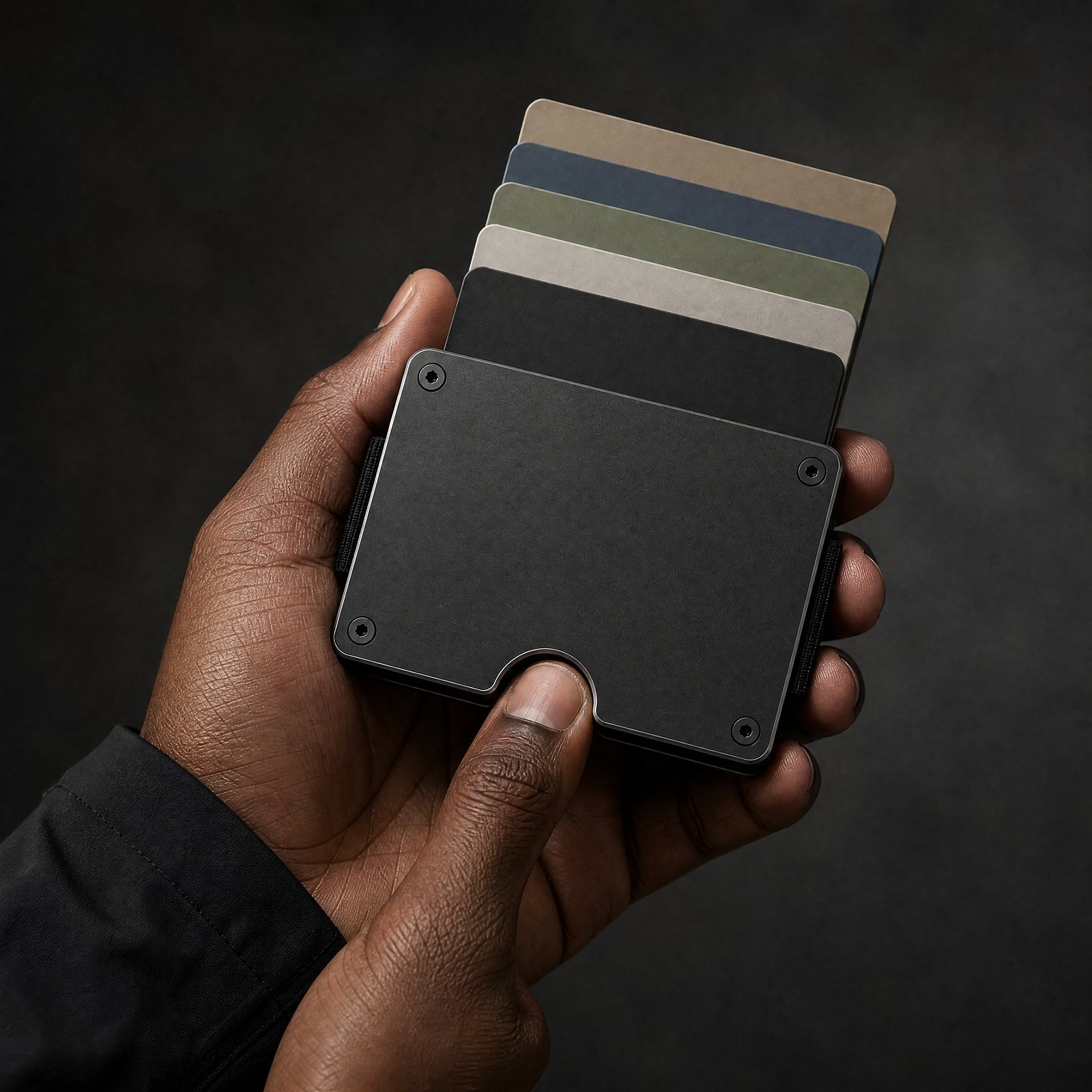 Cards fanning out of the matte black ANODE wallet