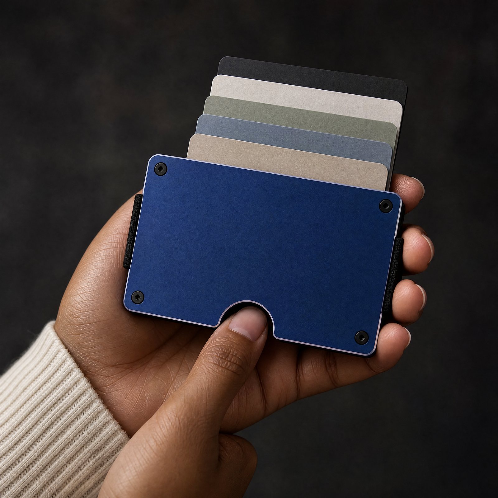 Cards fanning out of the cobalt ANODE wallet