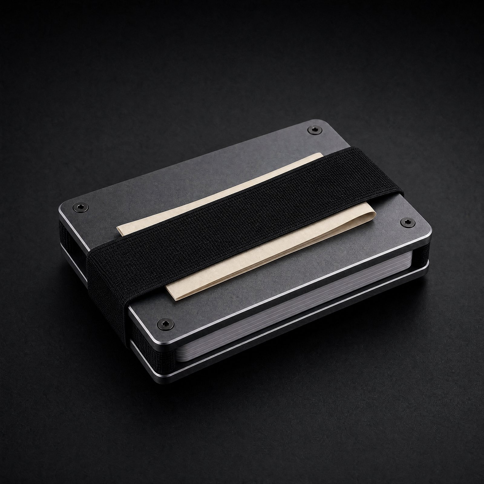 Back of the graphite ANODE wallet with the elastic cash strap holding folded notes