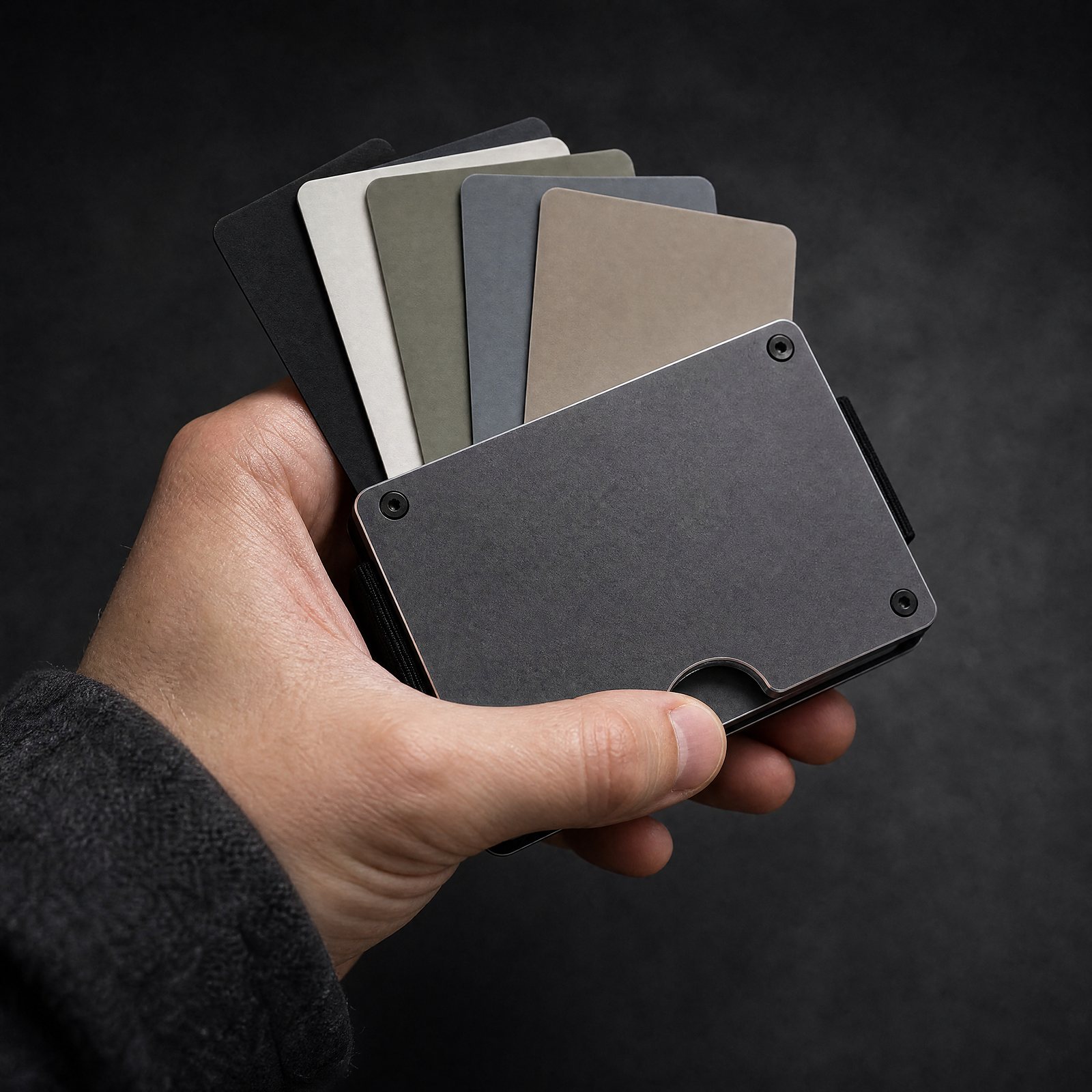 A hand pushing cards out of the graphite ANODE wallet through the thumb notch