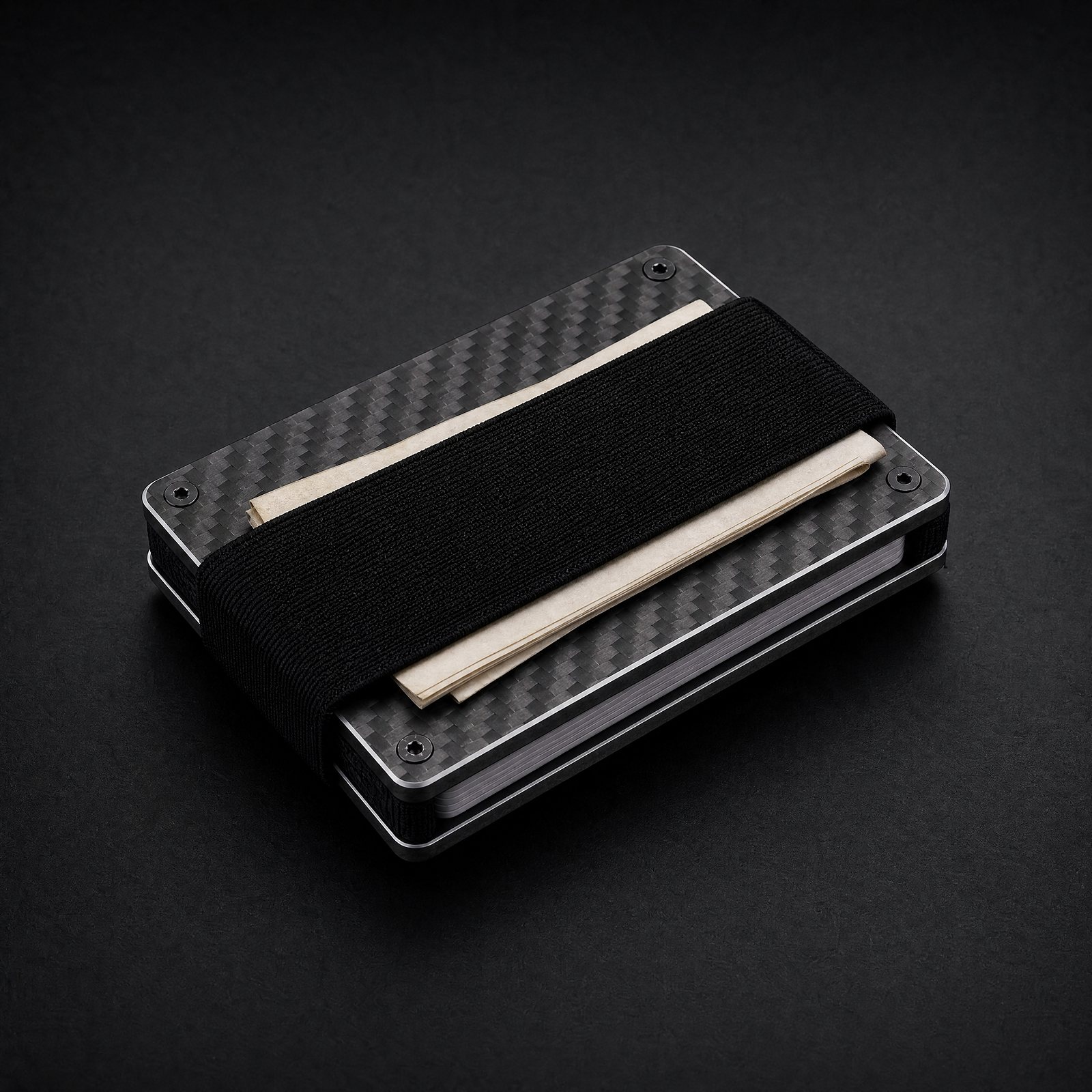Back of the carbon fiber ANODE wallet with the cash strap holding folded bills