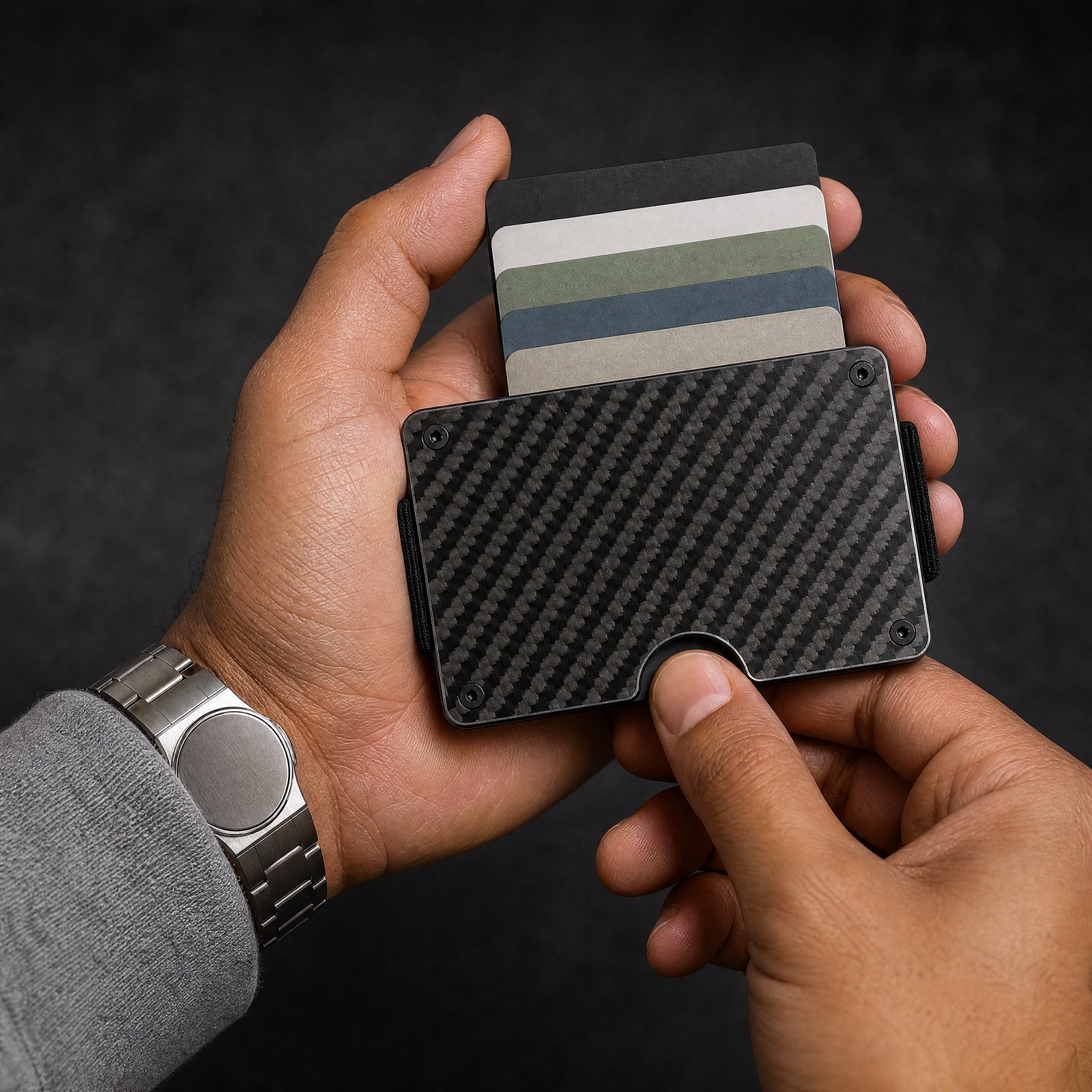 Cards fanning out of the carbon fiber ANODE wallet