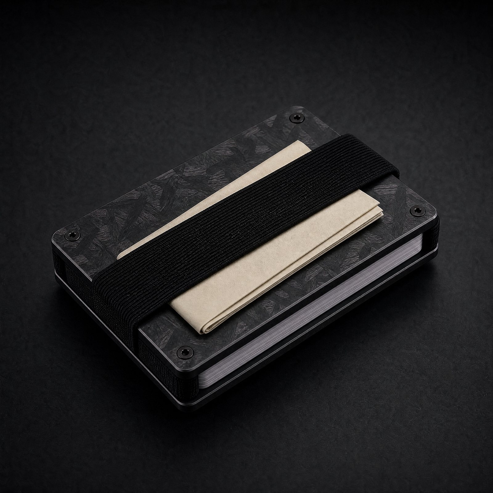Back of the forged carbon ANODE wallet with the cash strap holding folded bills