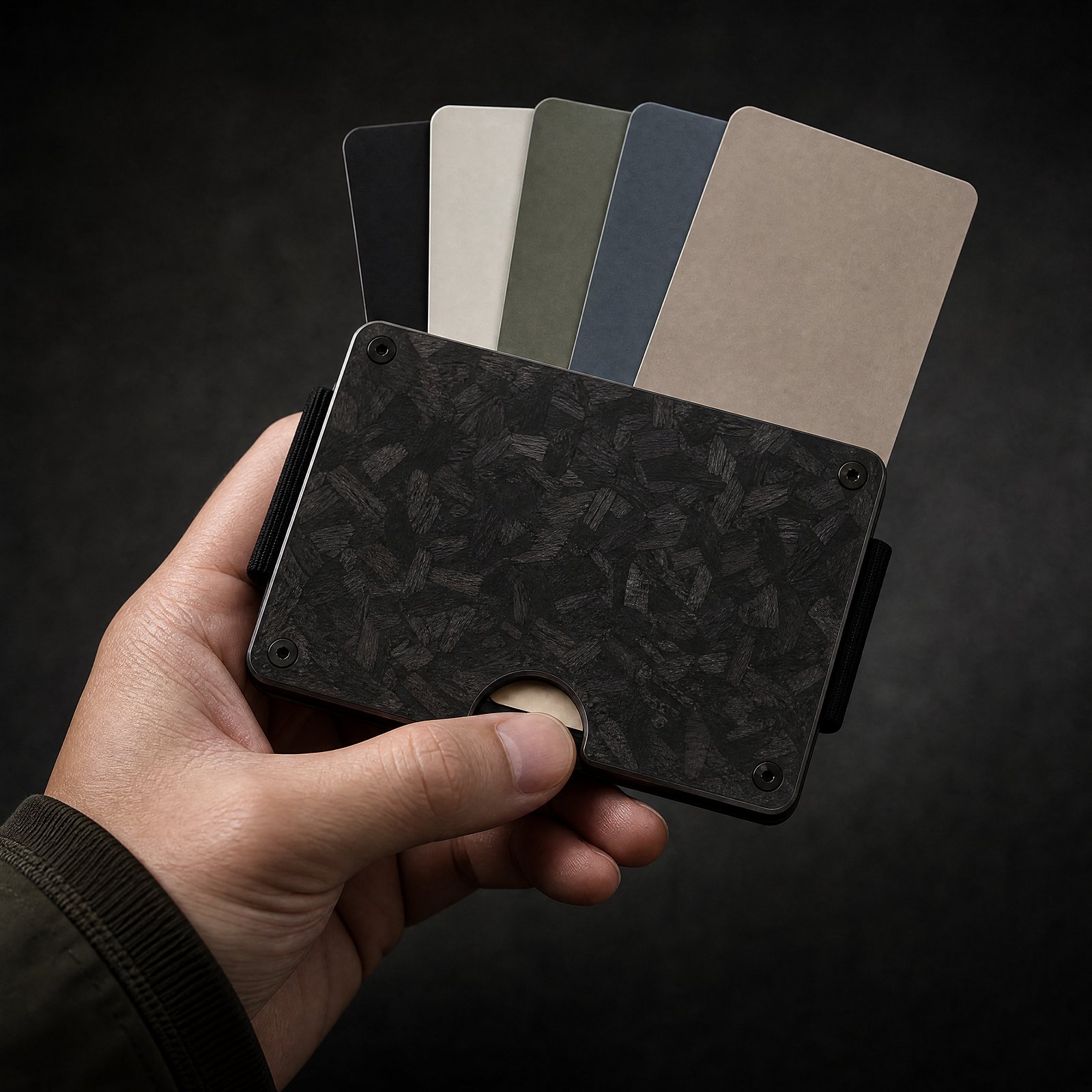 A hand fanning cards out of the forged carbon ANODE wallet through the thumb notch
