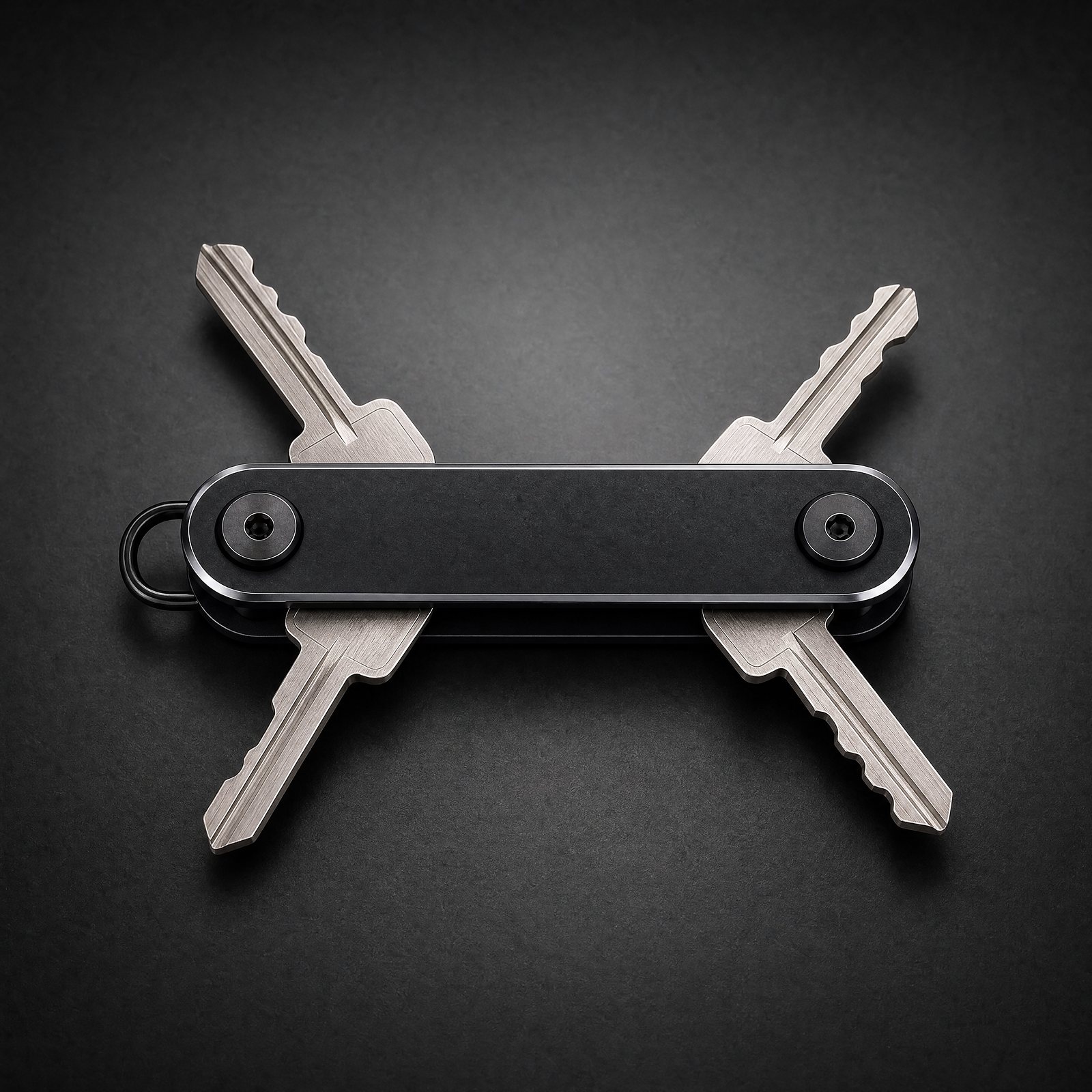 The ANODE Key Organizer from a second angle, showing the screw posts and the steel loop
