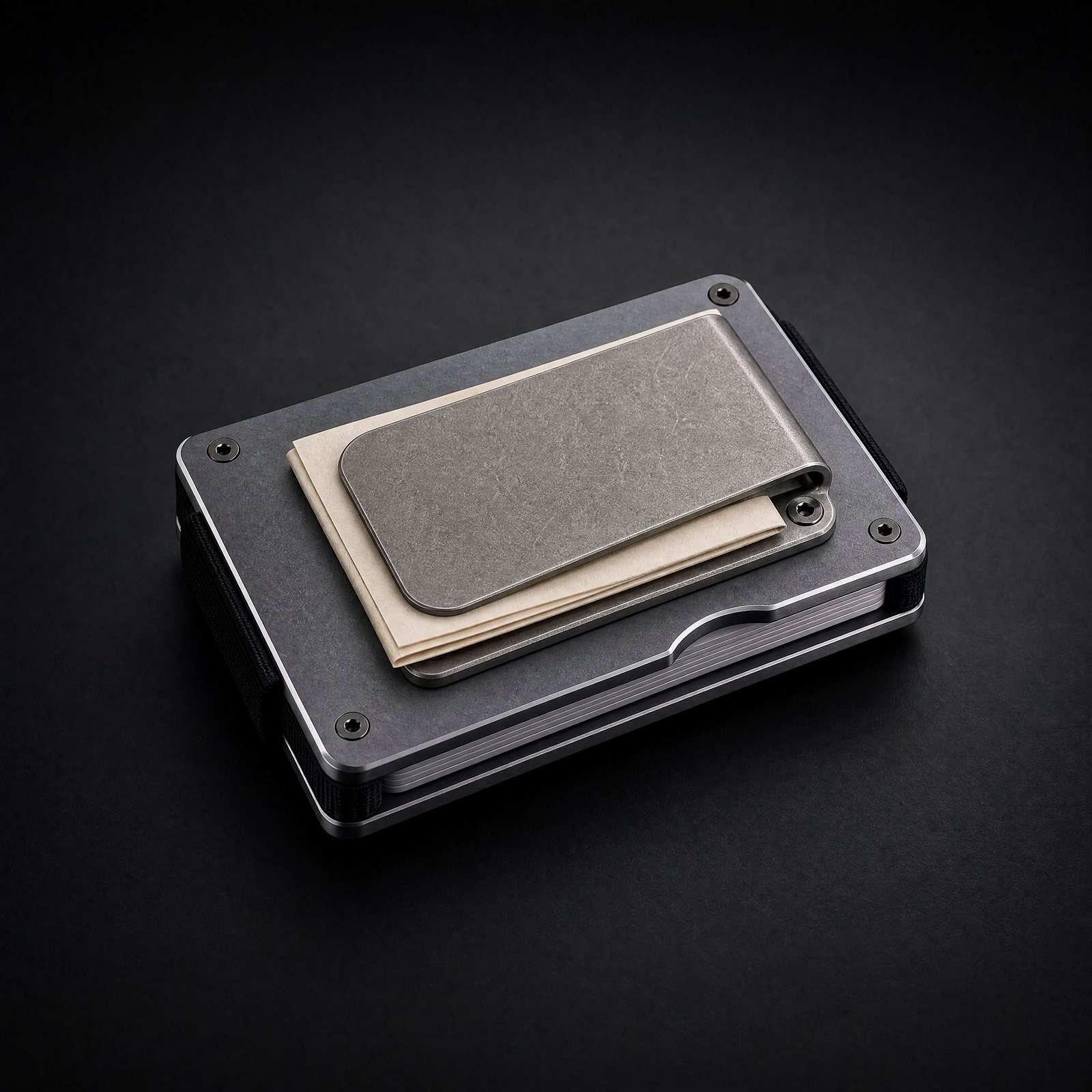 The ANODE Money Clip screwed onto the back plate of an ANODE wallet, holding folded bills
