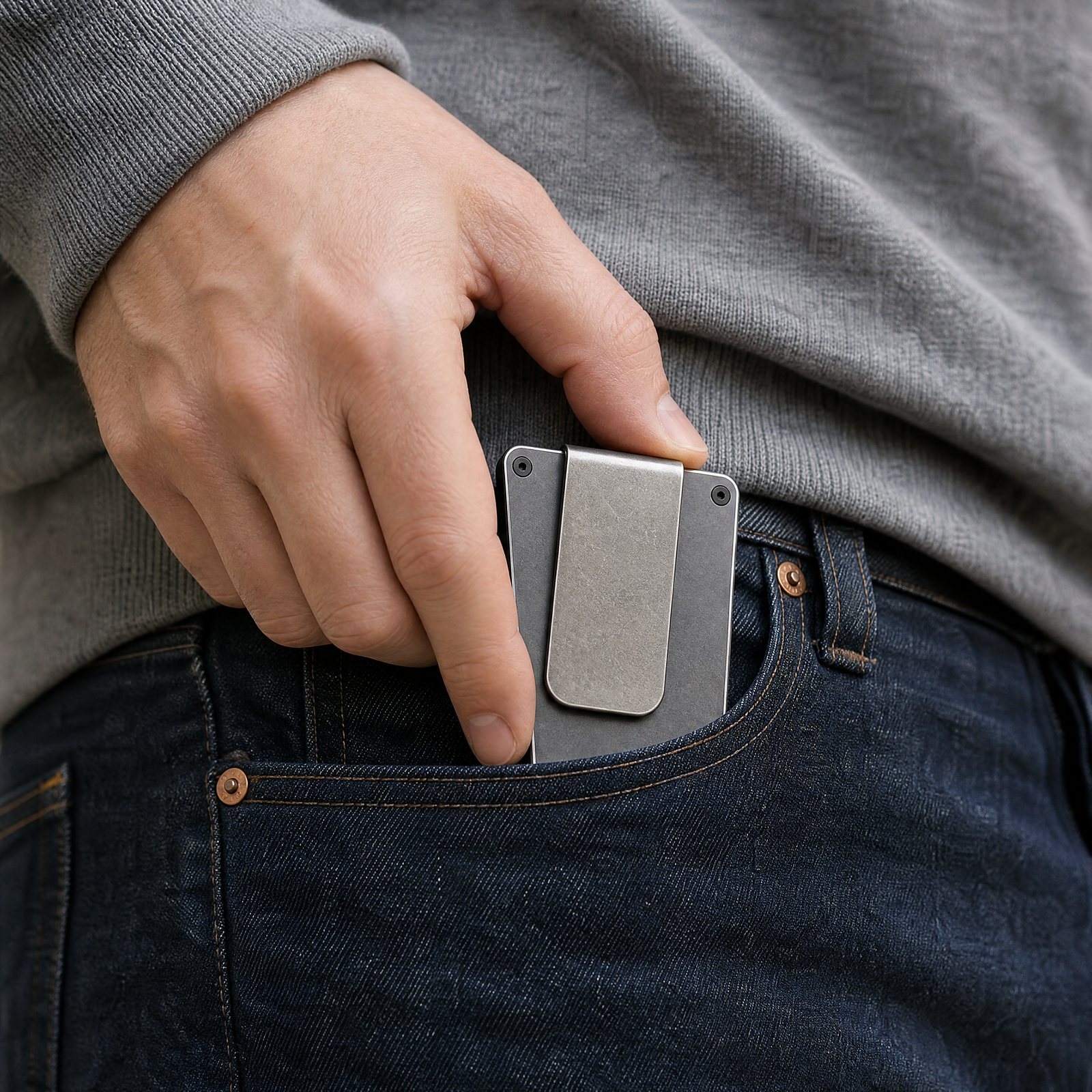 A hand sliding folded bills under the ANODE Money Clip on the back of an ANODE wallet