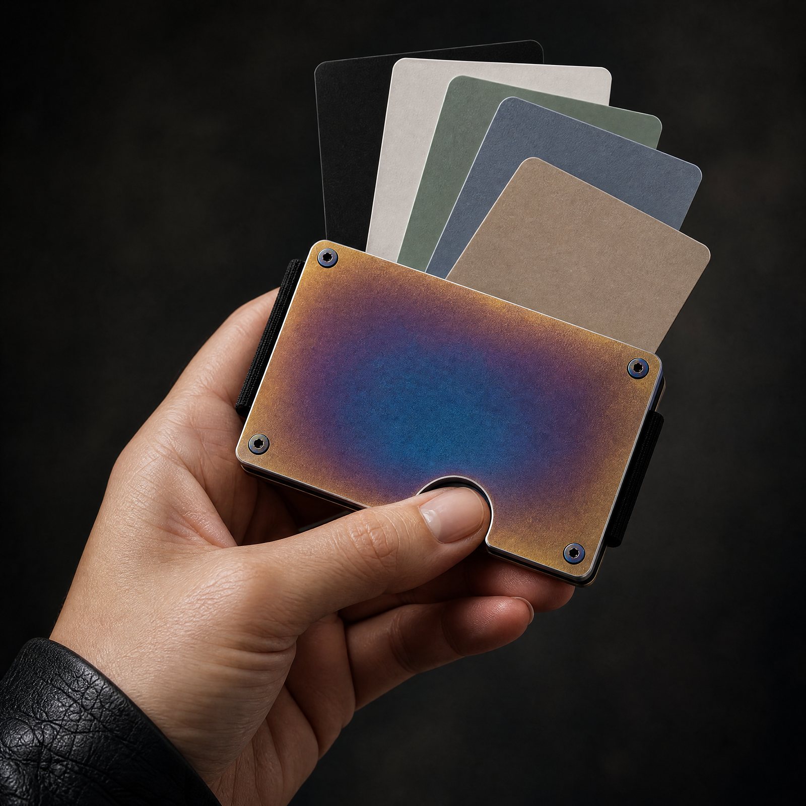 A hand fanning cards out of the burnt titanium ANODE wallet through the thumb notch