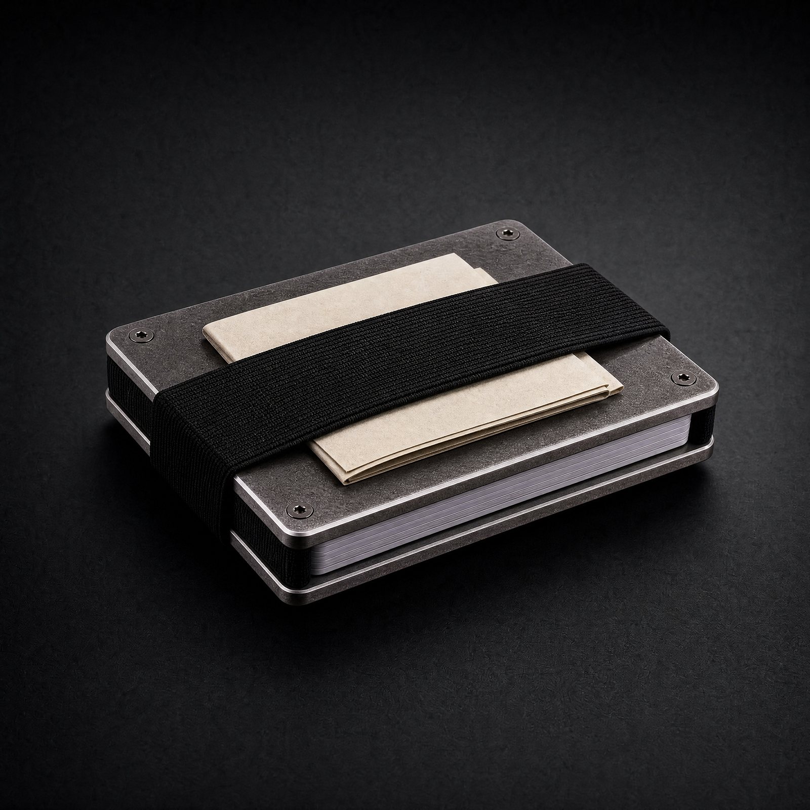 Back of the stonewashed titanium ANODE wallet with the cash strap holding folded bills