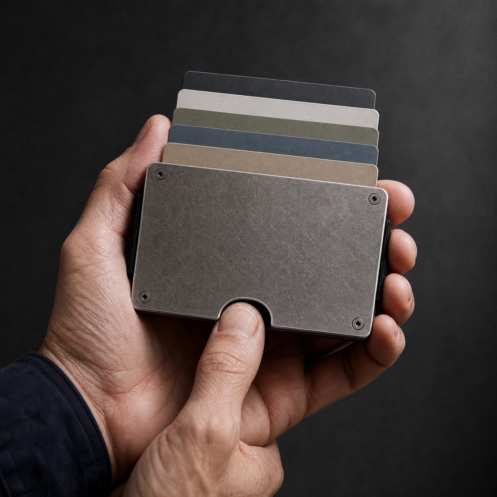 A hand pushing cards out of the stonewashed titanium ANODE wallet through the thumb notch