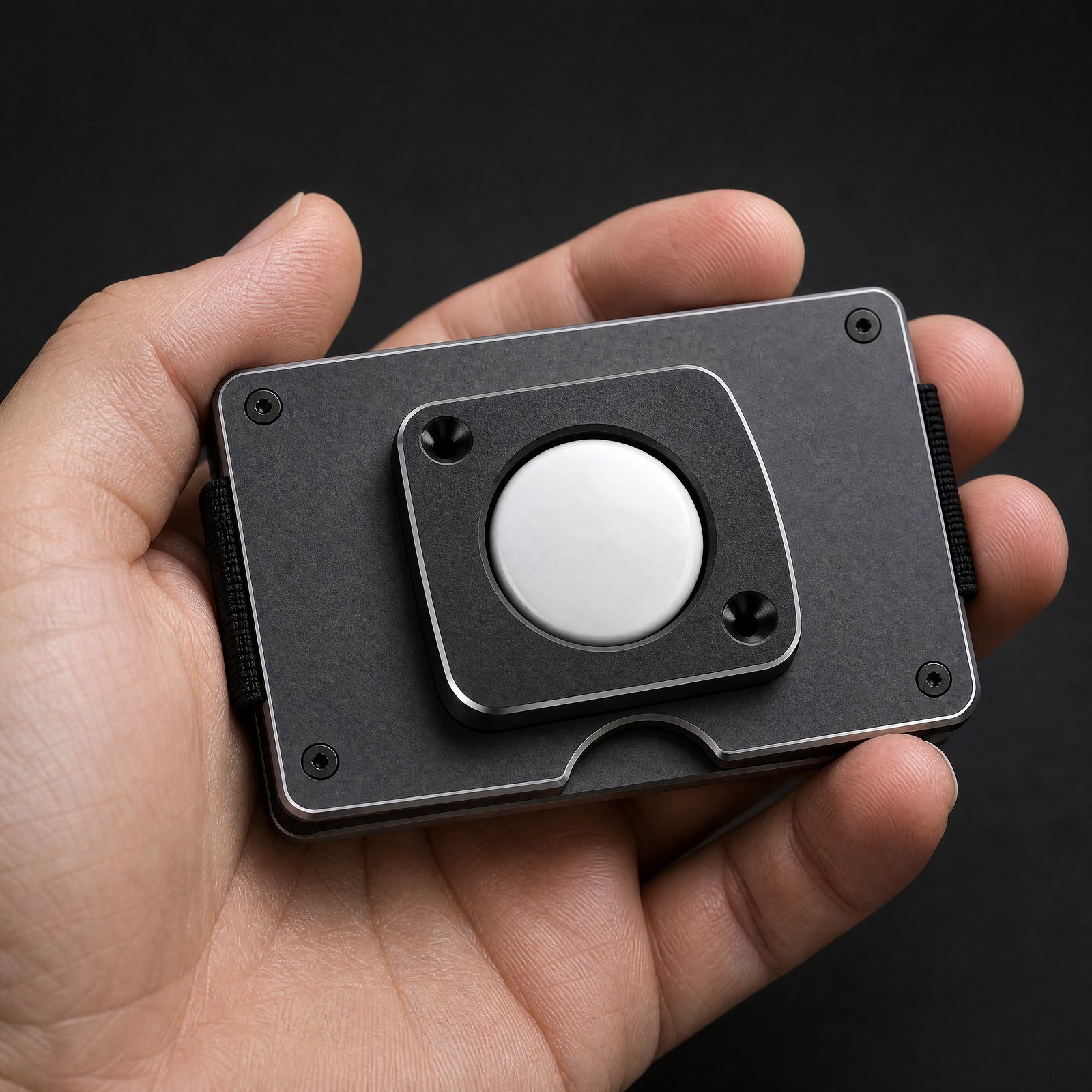 A hand holding an ANODE wallet with the Tracker Mount on the back